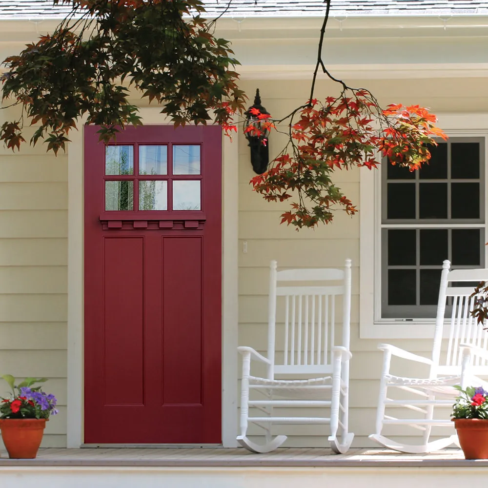 Codel craftsman-style entry door with six-lite top and shelf, painted red