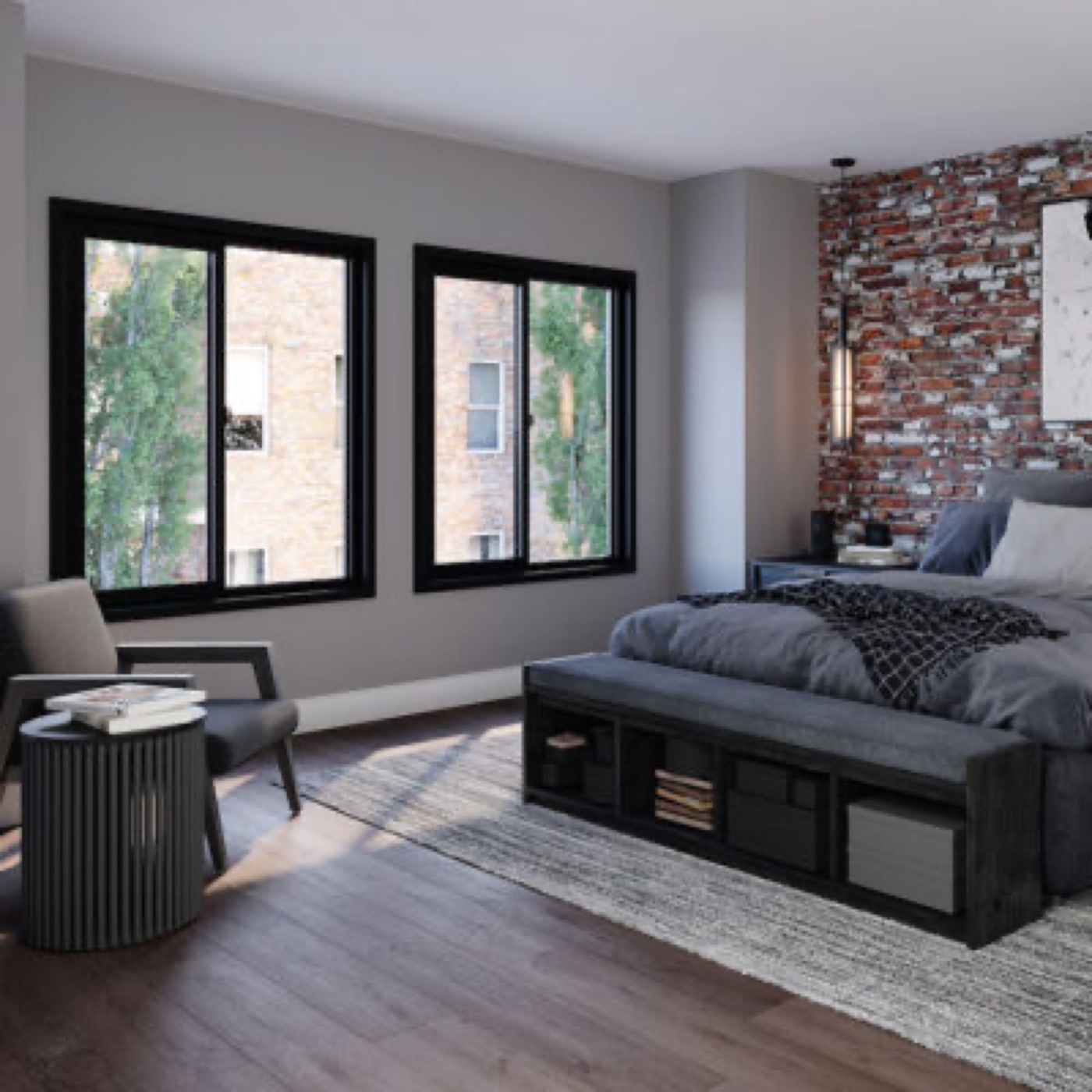 Master bedroom with black-interior Ply Gem West Pro 200 slider windows