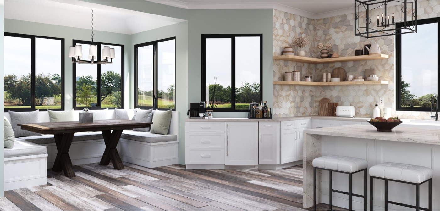 New-construction kitchen with black Ply Gem West Pro Series vinyl windows
